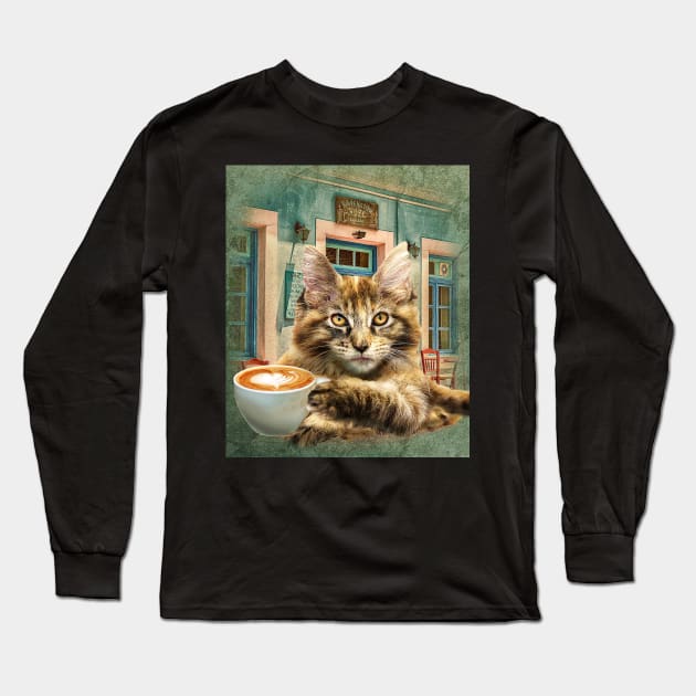 Maine Coon Cat With Coffee Long Sleeve T-Shirt by Random Galaxy